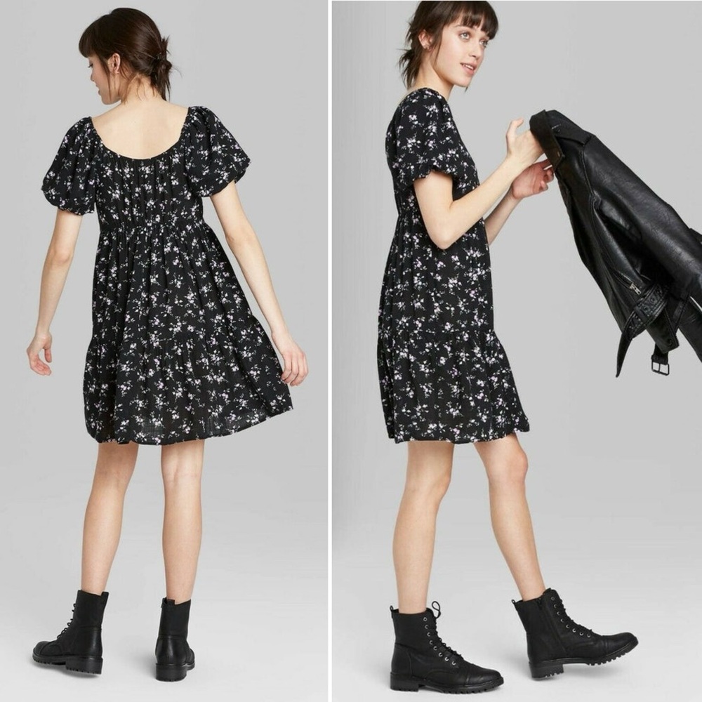 Wild Fable Black Purple Floral Sweetheart Peasant Puff Sleeve Babydoll Dress MED - Picture 12 of 12